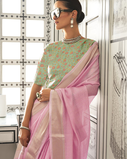 Cherry Pink Moss Chiffon Handloom Weaving Saree