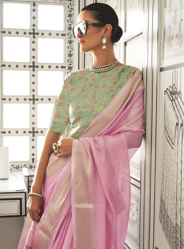 Cherry Pink Moss Chiffon Handloom Weaving Saree