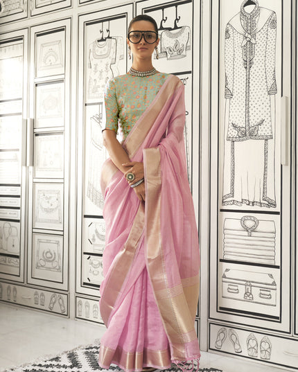 Cherry Pink Moss Chiffon Handloom Weaving Saree
