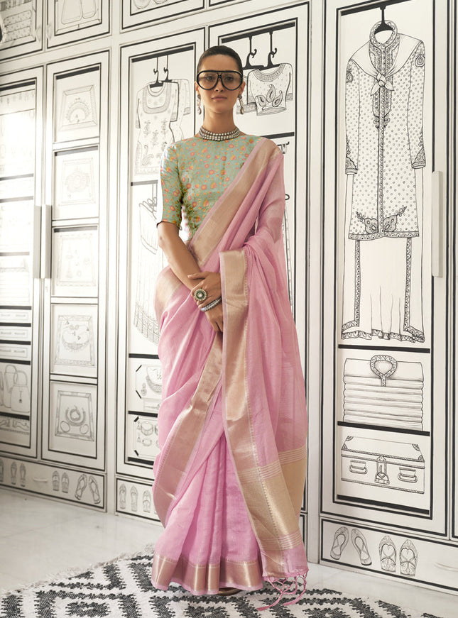 Cherry Pink Moss Chiffon Handloom Weaving Saree