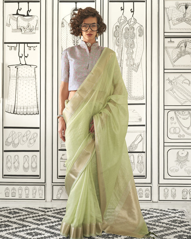 Pistachio Green Moss Chiffon Handloom Weaving Saree