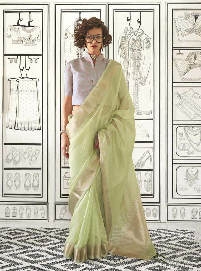 Pistachio Green Moss Chiffon Handloom Weaving Saree