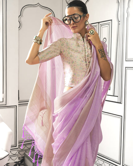 Lilac Pink Moss Chiffon Handloom Weaving Saree