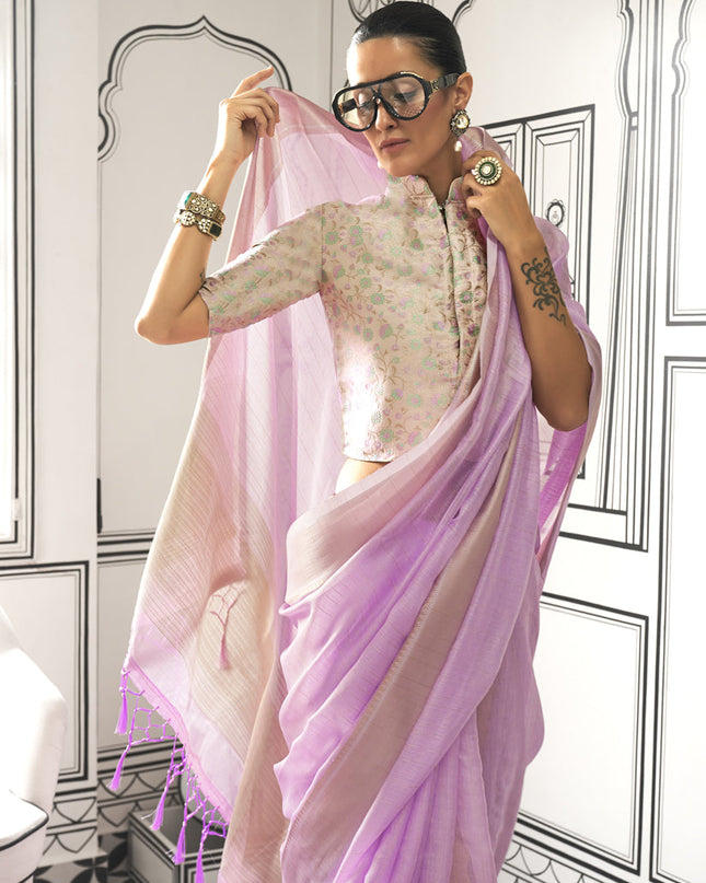 Lilac Pink Moss Chiffon Handloom Weaving Saree