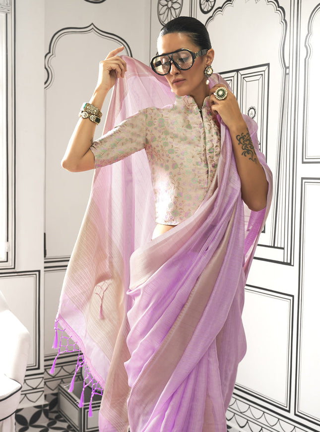 Lilac Pink Moss Chiffon Handloom Weaving Saree