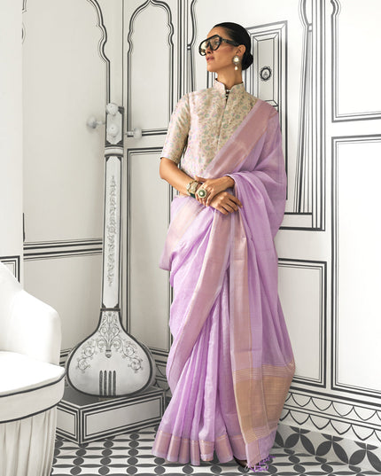 Lilac Pink Moss Chiffon Handloom Weaving Saree
