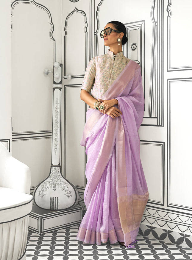 Lilac Pink Moss Chiffon Handloom Weaving Saree