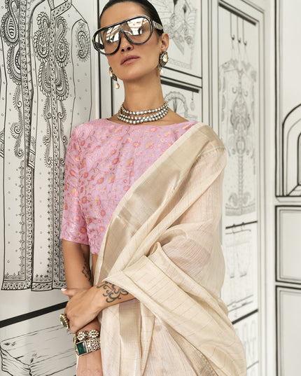 Cream Moss Chiffon Handloom Weaving Saree