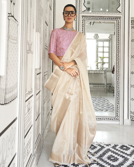 Cream Moss Chiffon Handloom Weaving Saree