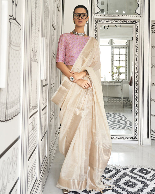 Cream Moss Chiffon Handloom Weaving Saree