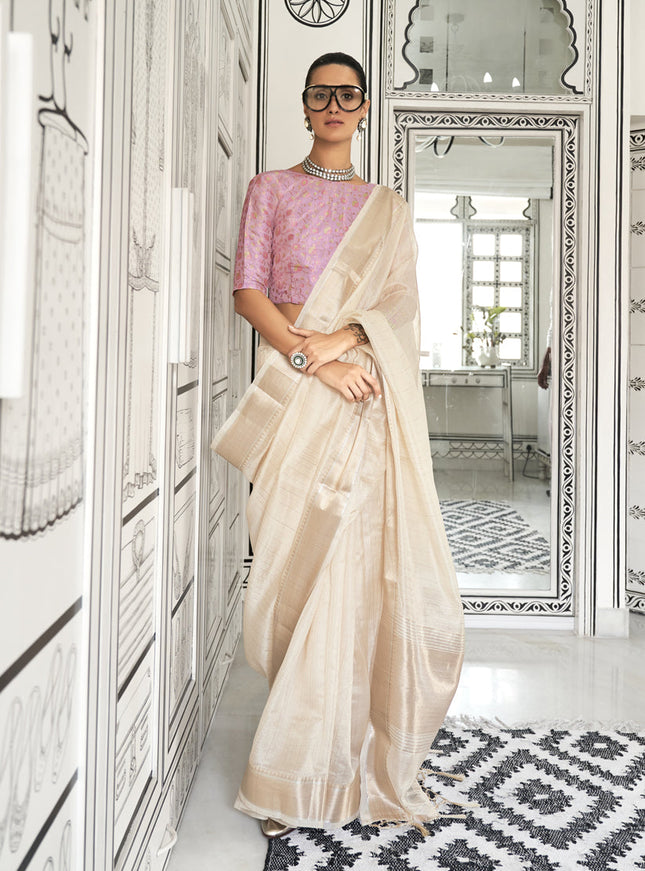 Cream Moss Chiffon Handloom Weaving Saree