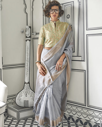 Silver Grey Moss Chiffon Handloom Weaving Saree