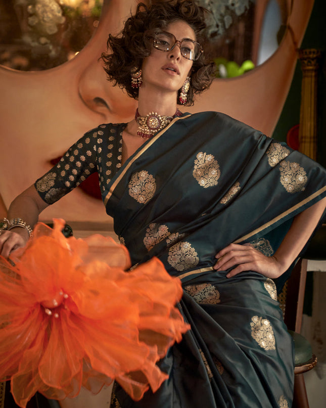 Pine Green Satin Silk Handloom Weaving Saree