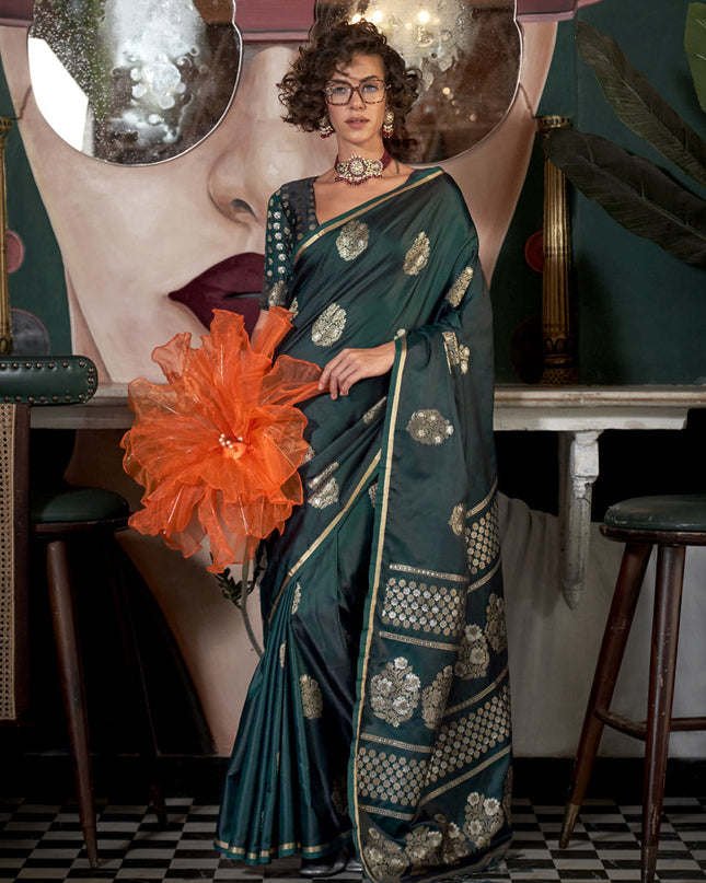 Pine Green Satin Silk Handloom Weaving Saree