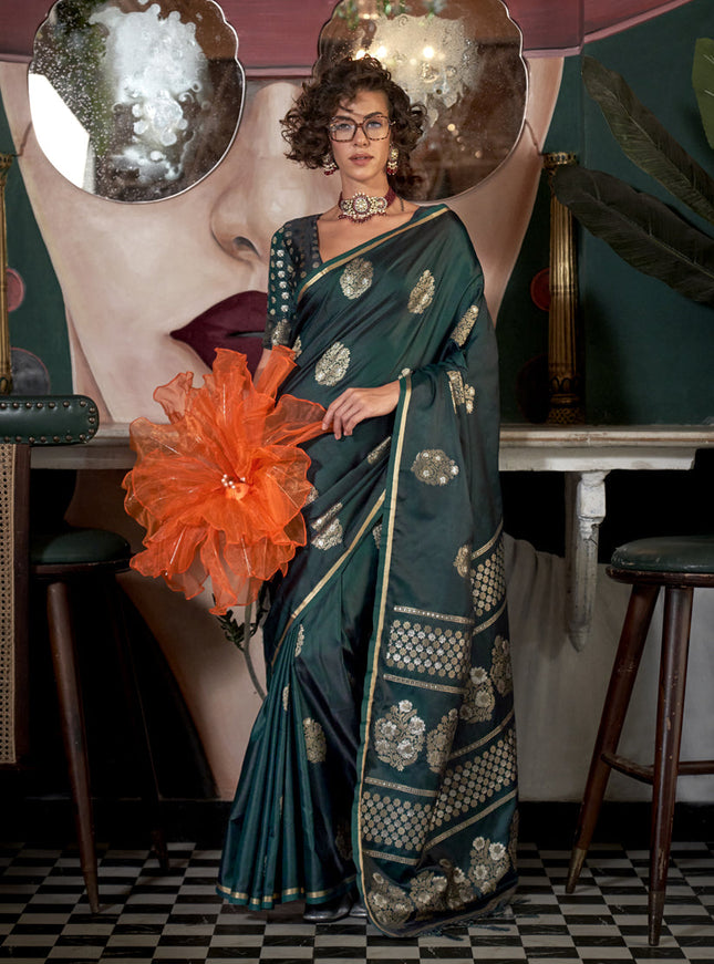 Pine Green Satin Silk Handloom Weaving Saree