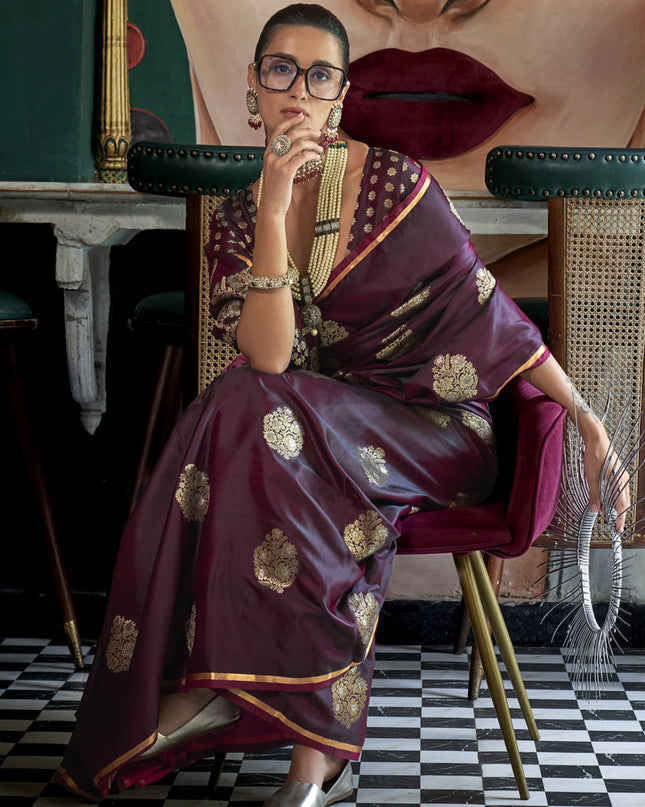 Burgundy Satin Silk Handloom Weaving Saree