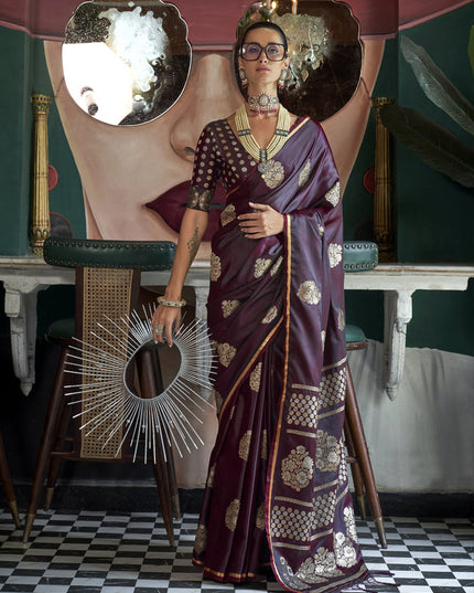 Burgundy Satin Silk Handloom Weaving Saree