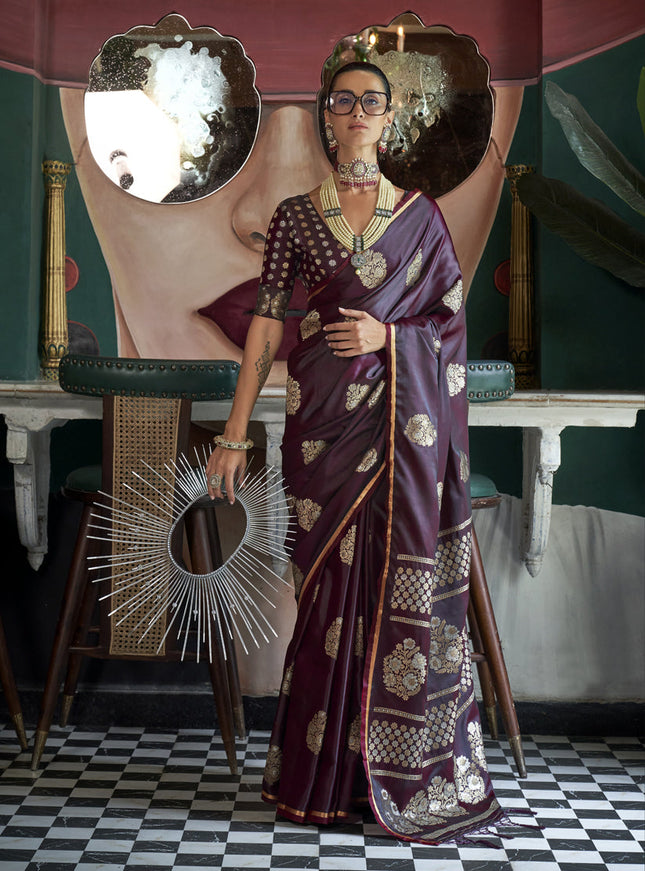 Burgundy Satin Silk Handloom Weaving Saree