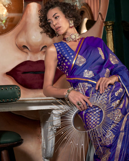 Violet Satin Silk Handloom Weaving Saree