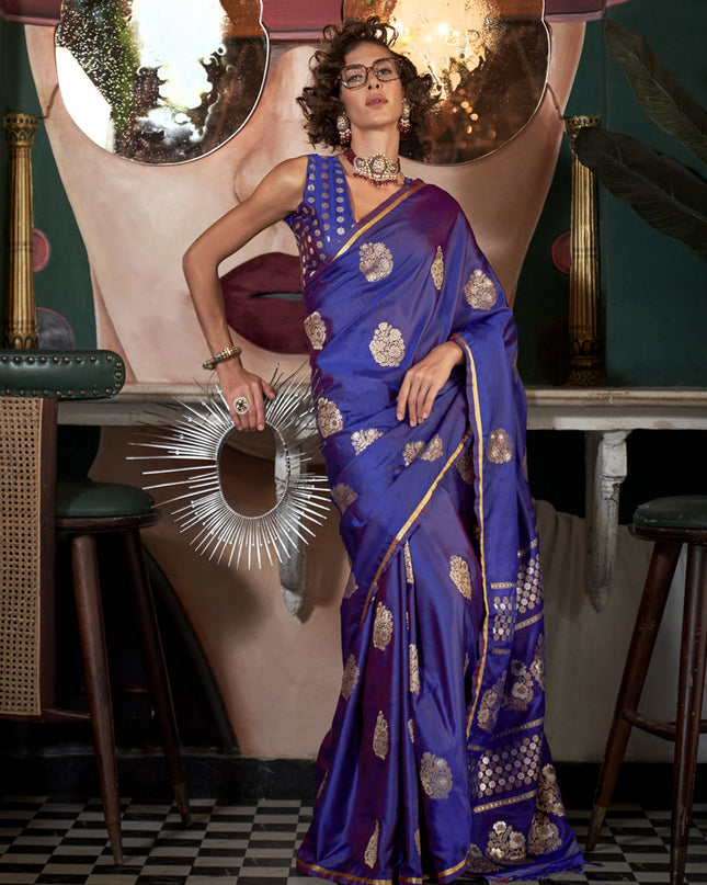 Violet Satin Silk Handloom Weaving Saree