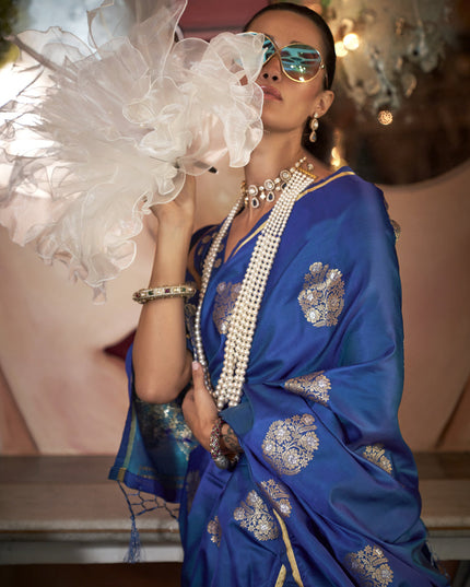 Royal Blue Satin Silk Handloom Weaving Saree