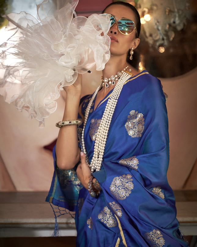 Royal Blue Satin Silk Handloom Weaving Saree