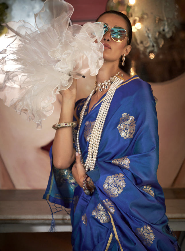 Royal Blue Satin Silk Handloom Weaving Saree