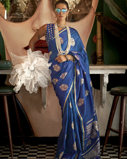 Royal Blue Satin Silk Handloom Weaving Saree