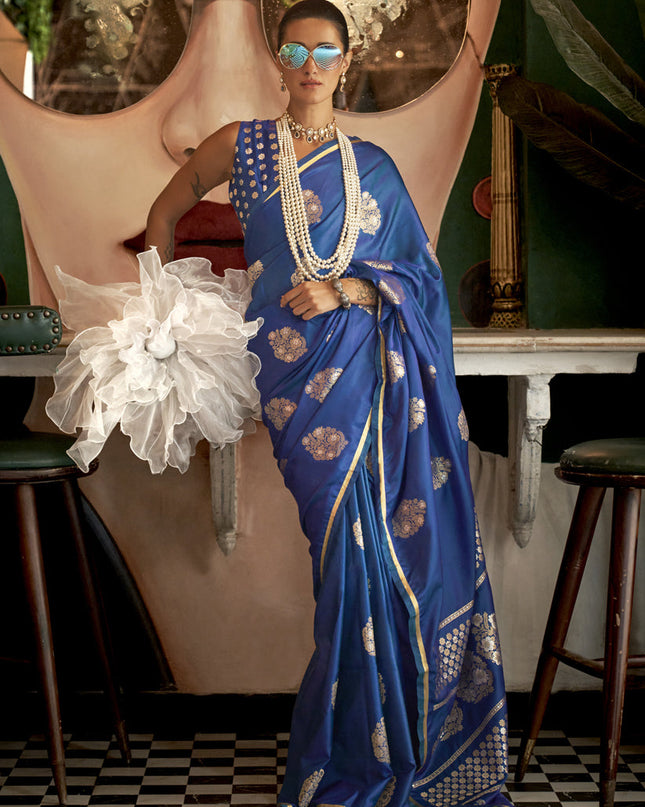 Royal Blue Satin Silk Handloom Weaving Saree