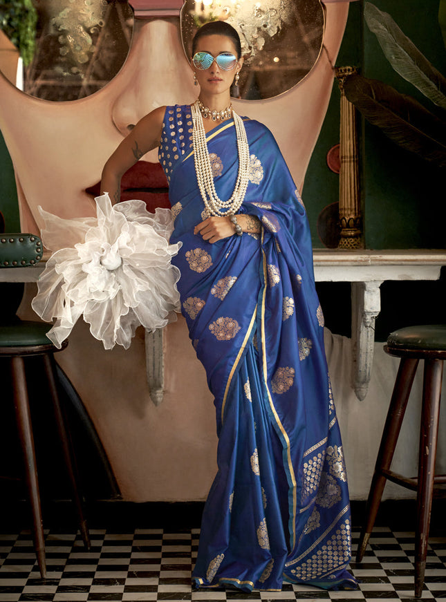 Royal Blue Satin Silk Handloom Weaving Saree