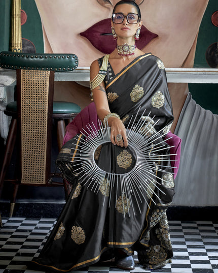 Black Satin Silk Handloom Weaving Saree