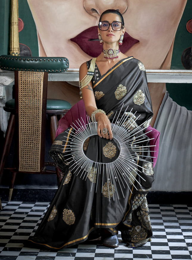 Black Satin Silk Handloom Weaving Saree
