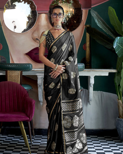 Black Satin Silk Handloom Weaving Saree