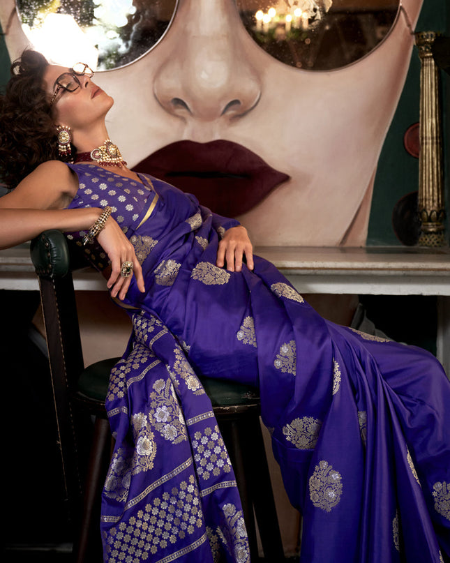 Purple Satin Silk Handloom Weaving Saree