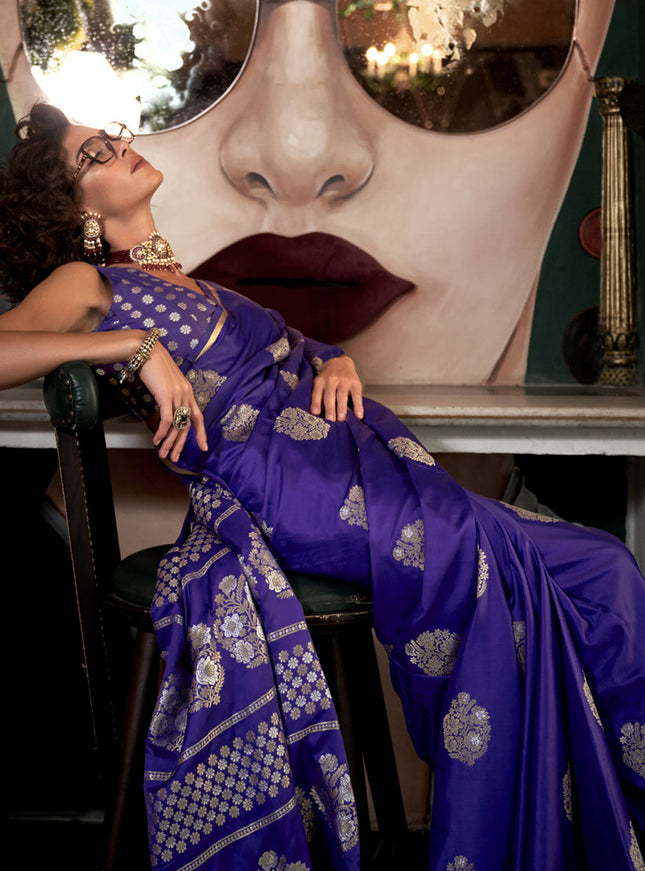 Purple Satin Silk Handloom Weaving Saree