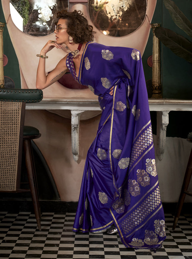 Purple Satin Silk Handloom Weaving Saree