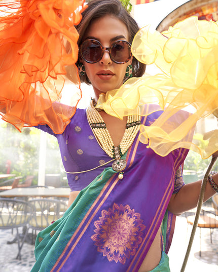 Rama Green Silk Handloom Weaving Saree For Festival