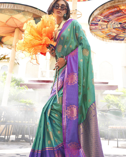 Rama Green Silk Handloom Weaving Saree For Festival