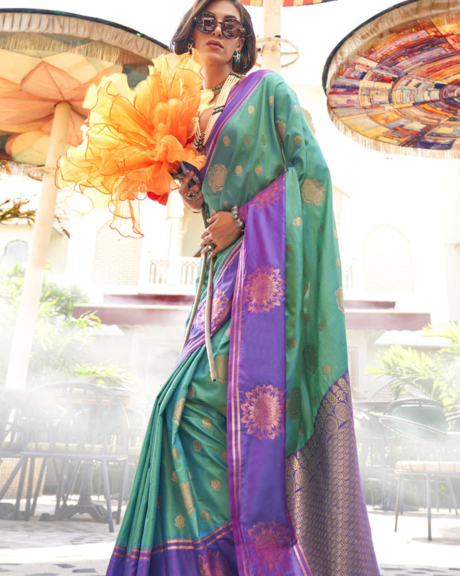 Rama Green Silk Handloom Weaving Saree For Festival