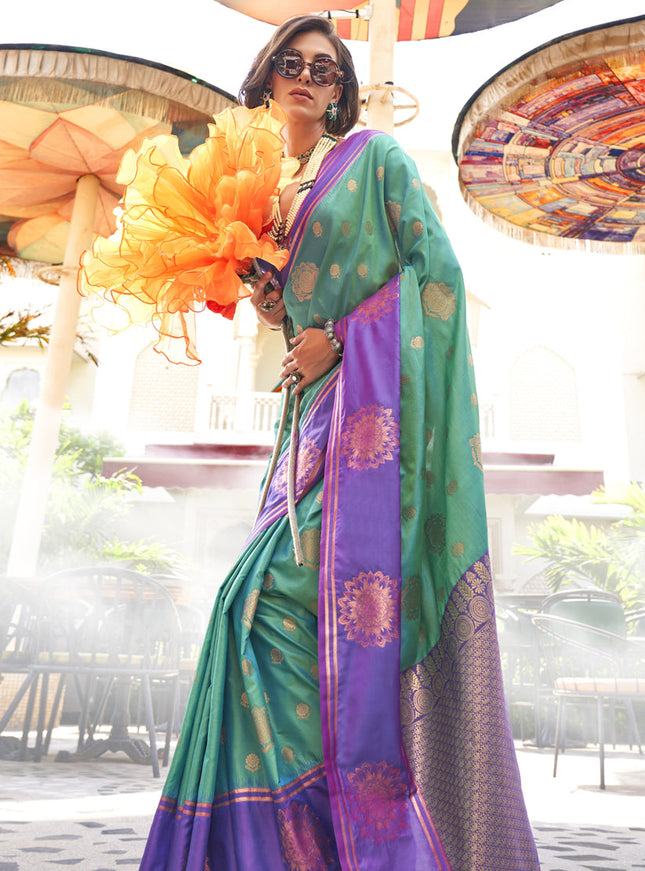 Rama Green Silk Handloom Weaving Saree For Festival