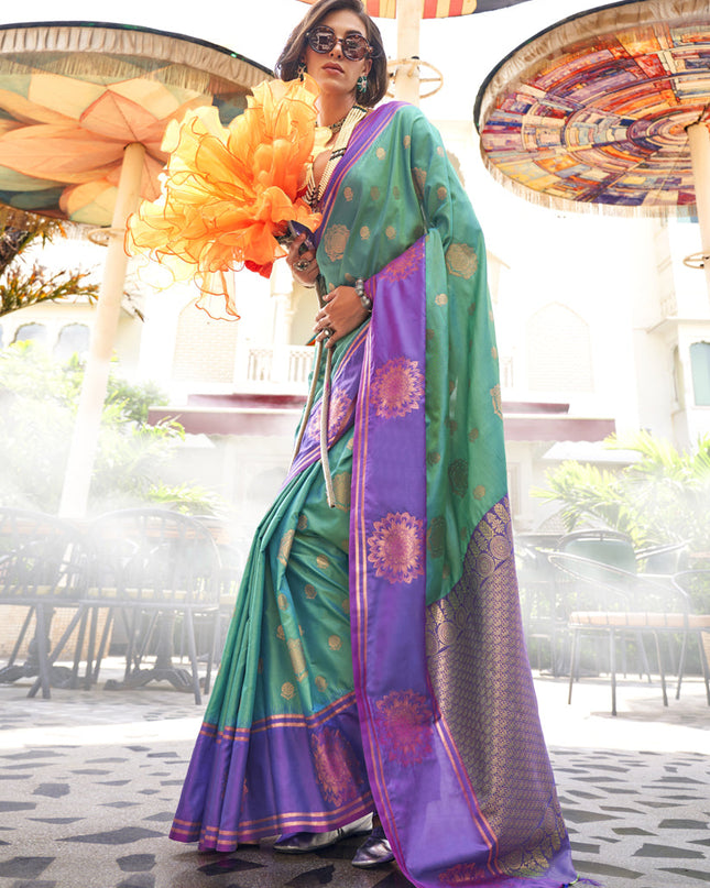 Rama Green Silk Handloom Weaving Saree For Festival