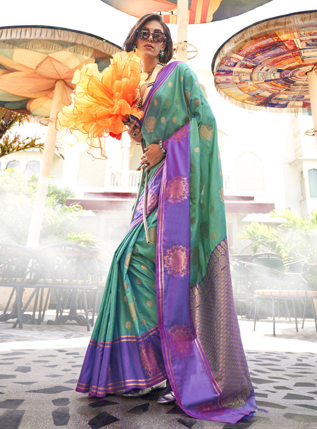 Rama Green Silk Handloom Weaving Saree For Festival