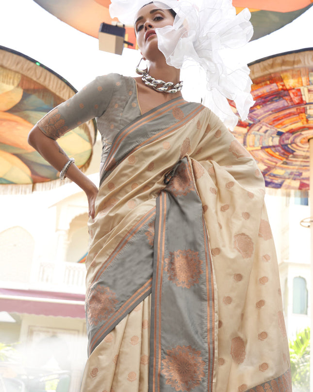 Cream Silk Handloom Weaving Saree For Festival