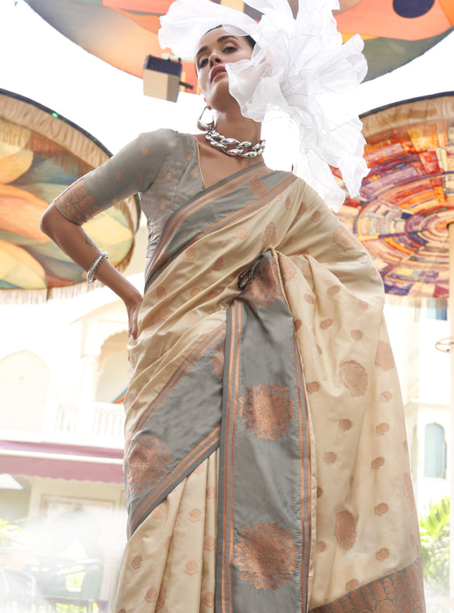 Cream Silk Handloom Weaving Saree For Festival
