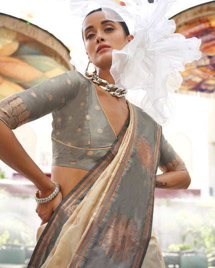 Cream Silk Handloom Weaving Saree For Festival