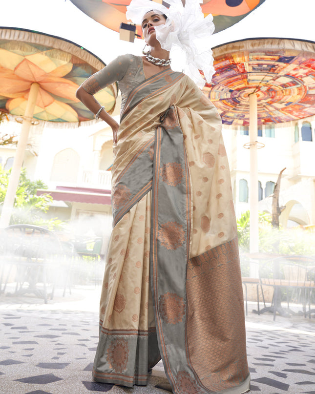 Cream Silk Handloom Weaving Saree For Festival