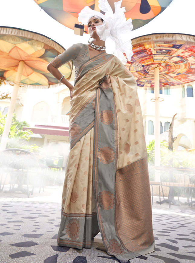 Cream Silk Handloom Weaving Saree For Festival