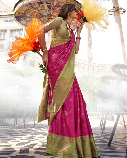 Rani Pink Silk Handloom Weaving Saree For Festival