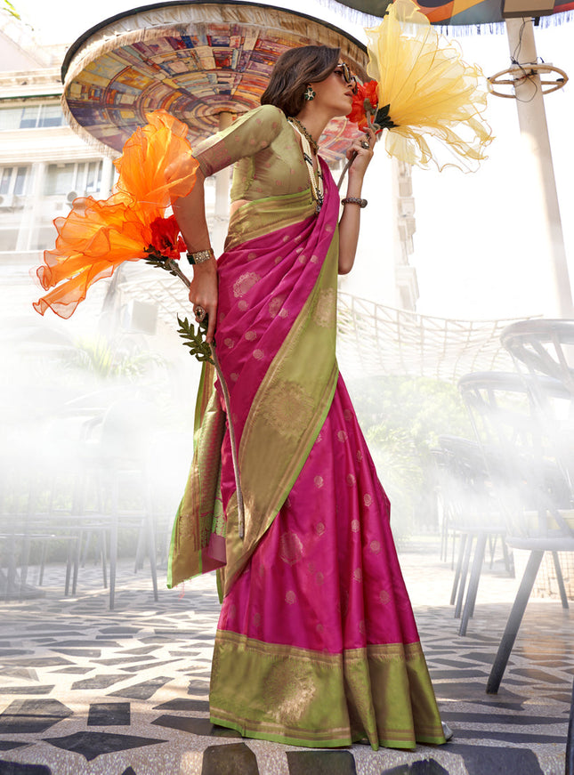 Rani Pink Silk Handloom Weaving Saree For Festival