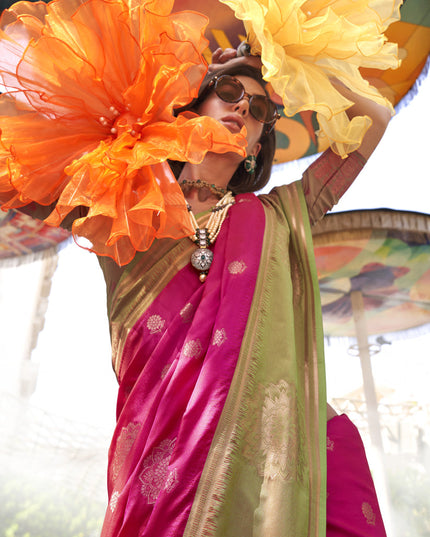 Rani Pink Silk Handloom Weaving Saree For Festival